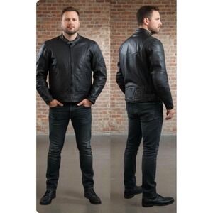 Z1R Vintage Black Leather Protection Riding Jacket Moto Men's Zip Front Buckle